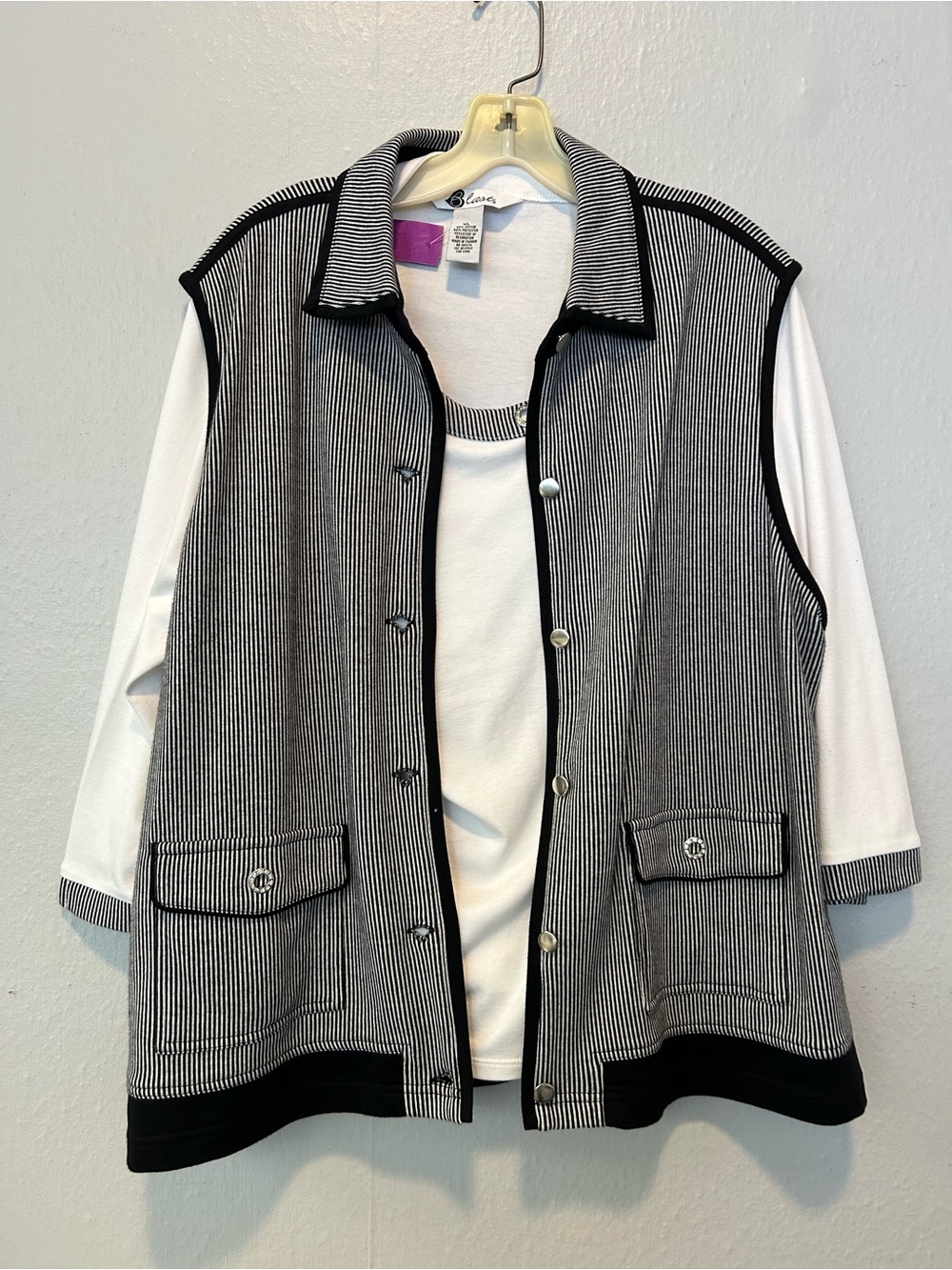 2-Piece Classic Black & White Pinstripe Button-Front Vest  & Top